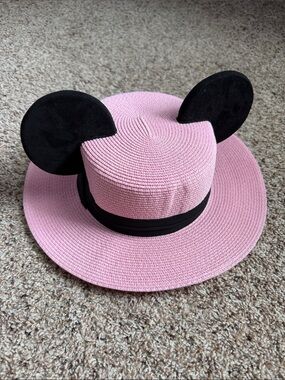 CUSTOM MADE PINK STRAW BEACH HAT WITH MOUSE EARS INSPIRED BY MICKEY MOUSE
